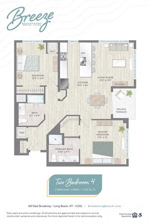 Floor plan for 2 beds, 2 baths, 1194 sqft